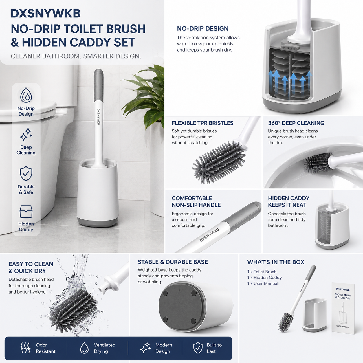 DXSNYWKB No-Drip Toilet Brush & Hidden Caddy Set