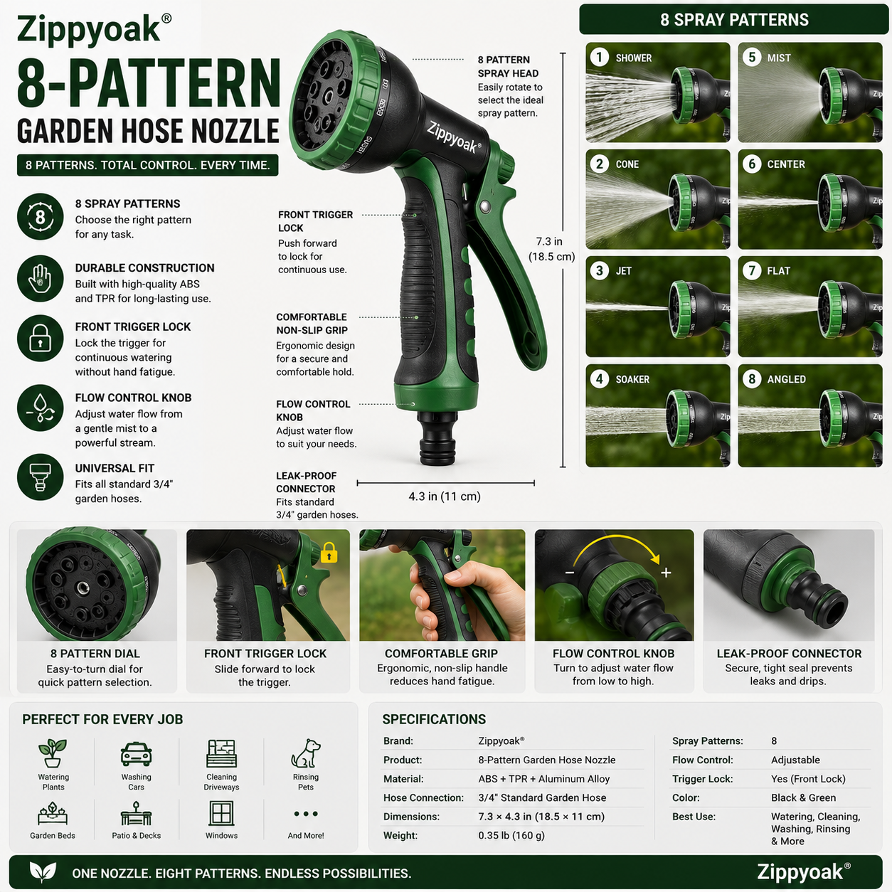 Zippyoak® 8-Pattern Garden Hose Nozzle