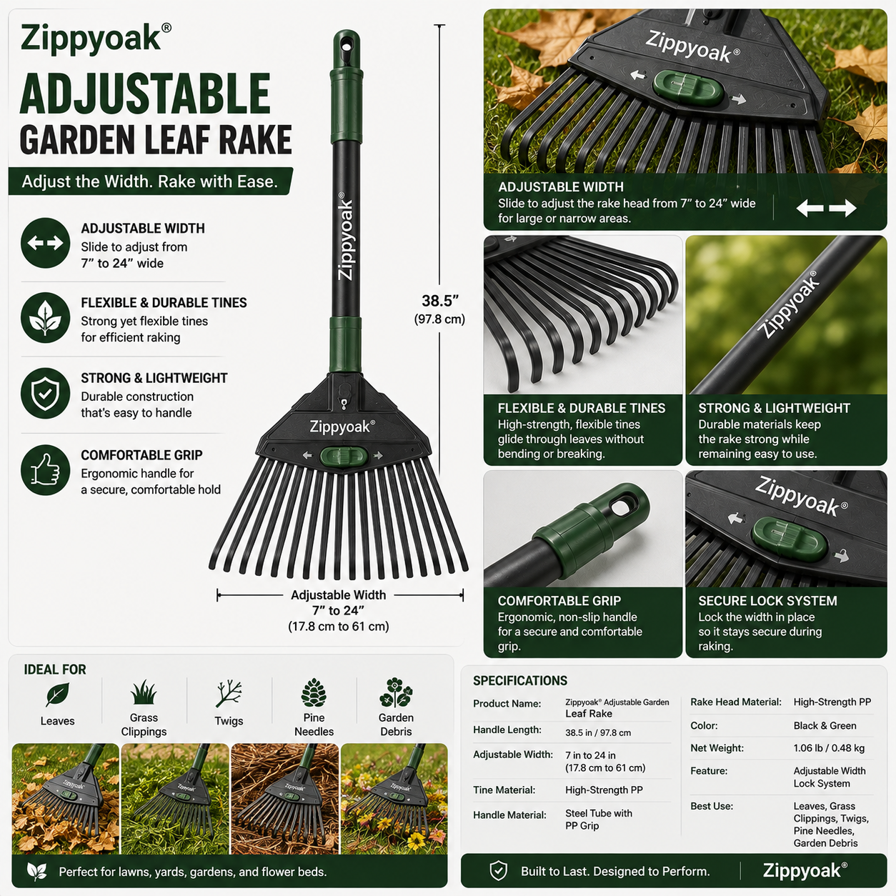 Zippyoak® Adjustable Garden Leaf Rake